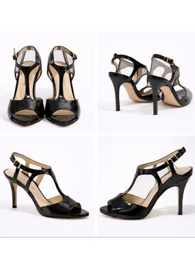 Charles David Black Patent T-Strap Peep Toe Heels 4.5” Stiletto Size 8